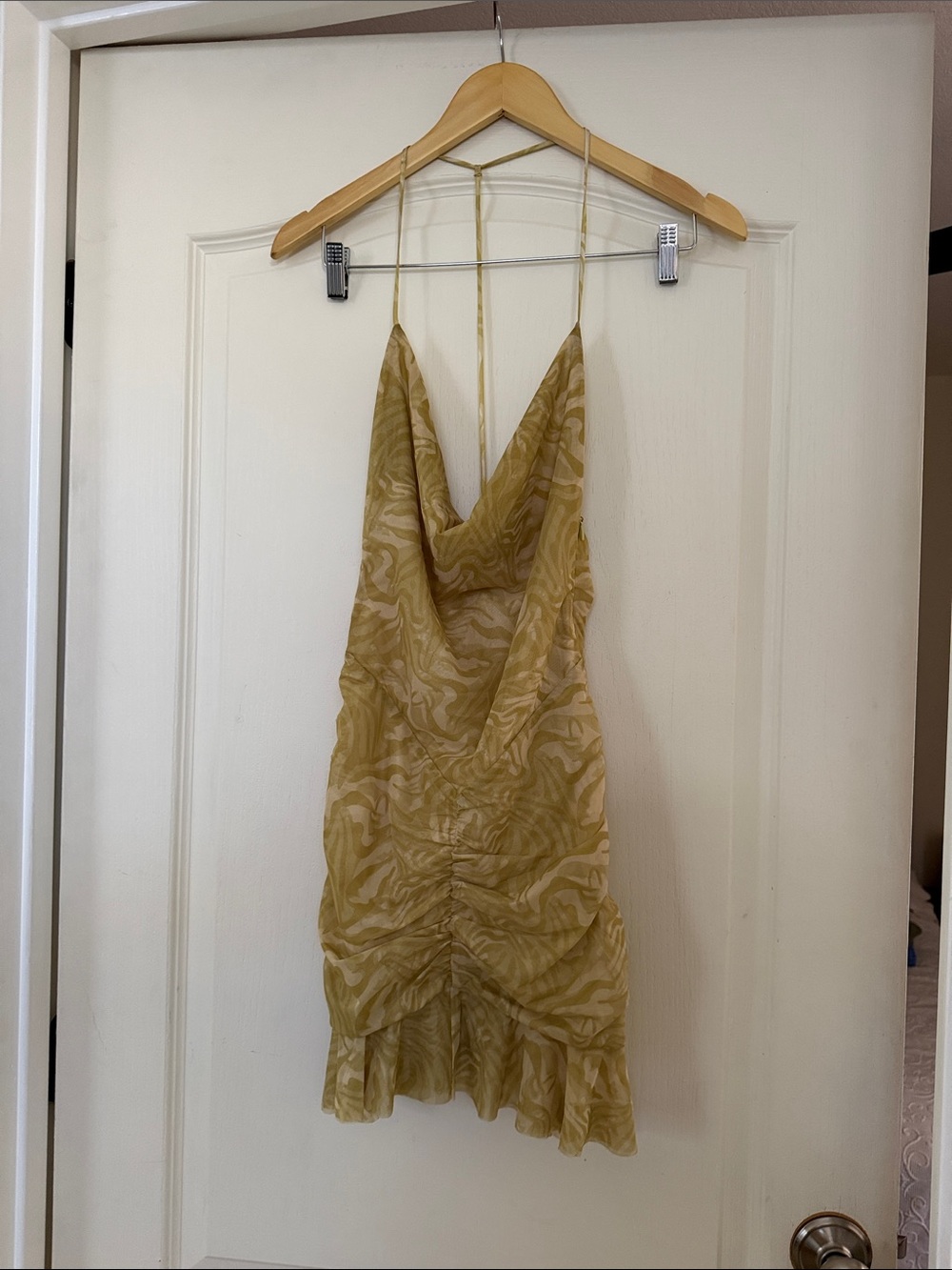 Mistress Rocks Cowl Neck Ruched Mini Dress in Mustard Yellow